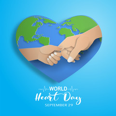 World Heart Day concept, mother holding the hand of her child with world heart background, paper art and craft style, flat-style vector illustration.