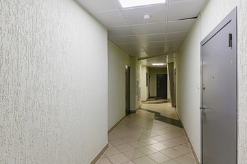 Russia, Moscow- January 25, 2020: interior public place, house entrance. doors, walls, corridors staircase.