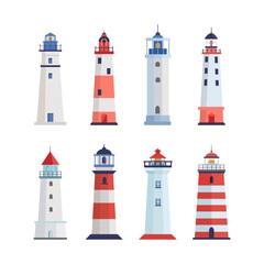Sea lighthouse set. A tower with a floodlight on coast for maritime navigation red with white stripes, signal of hope for harbor ships, landmark of maritime security. Vector graphics in flat style