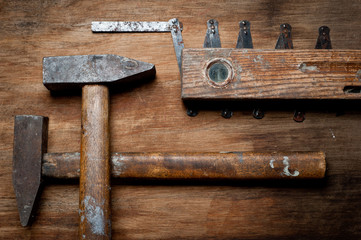 Two old vintage hammers of the last century removed from the chest in the workshop of grandfather....