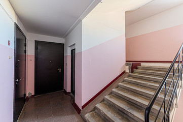 Russia, Moscow- January 25, 2020: interior public place, house entrance. doors, walls, corridors staircase.