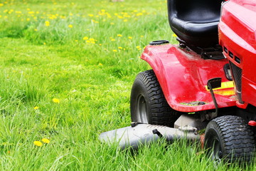 Fototapeta na wymiar Gardener driving a riding lawn mower in a garden . Cutting grass