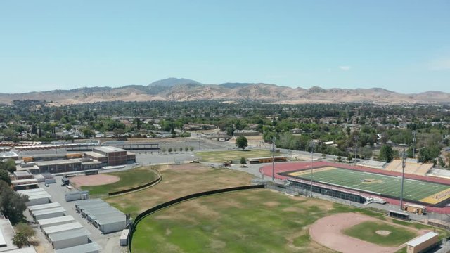 Aerial view of Antioch High-school suburban neighborhood with Highway 4, Eastbay area, California