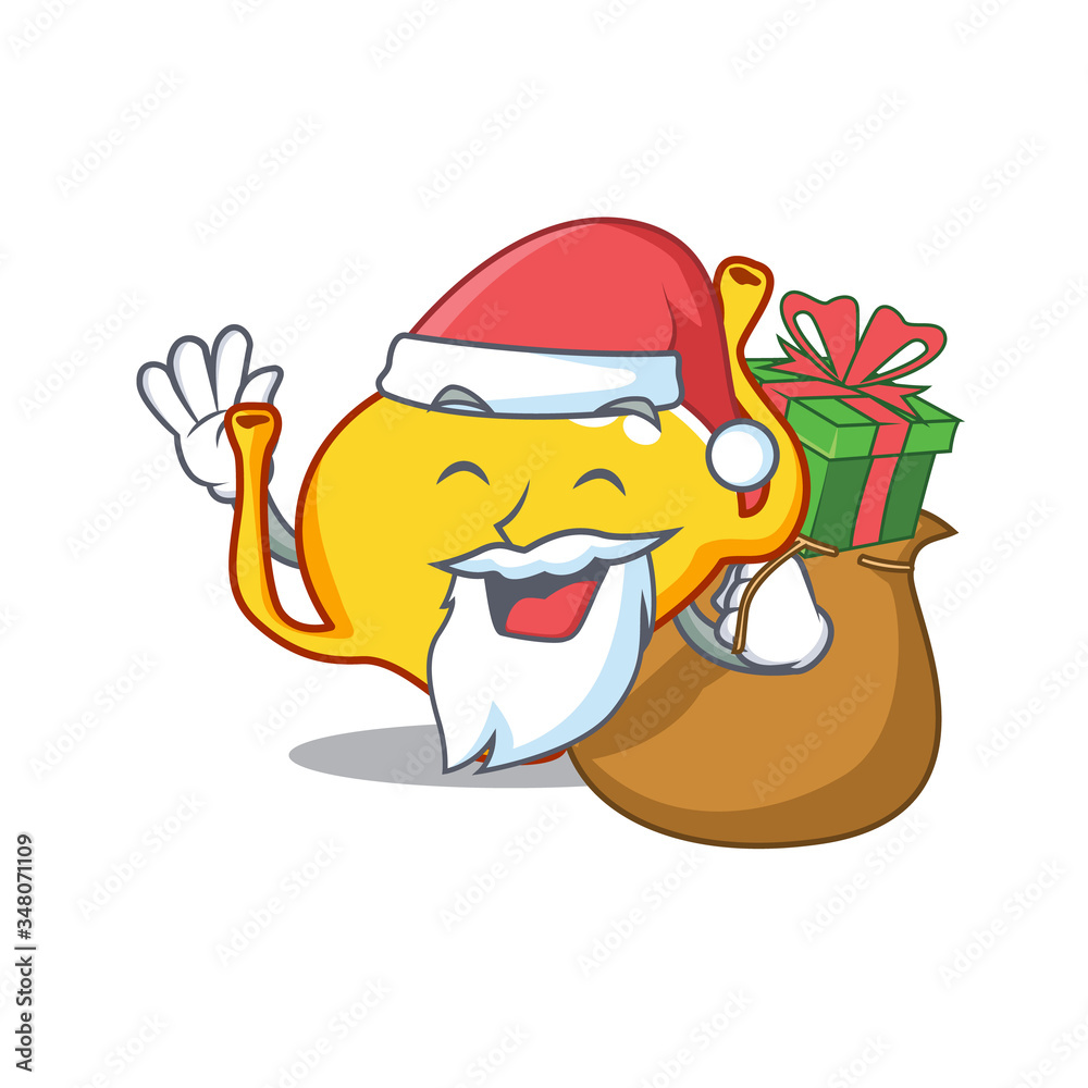 Sticker cartoon design of bladder santa with christmas gift