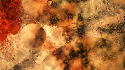Mixing water and oil, beautiful colors. Orange light. Close-up. Abstract macro background. Water and oil bubbles. Abstract light illumination