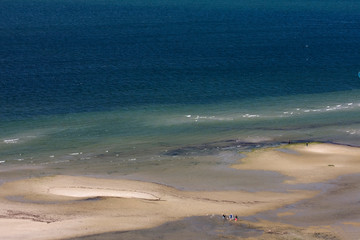 Strollers hike on a sandbar in the Kiel Fjord near Laboe, Schleswig-Holstein, Germany, Europe aerial view