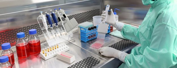 Scientist working with multichannel pipette. Experimental labboratory