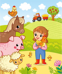 Girl farmer holding a chicken in his hands. Vector illustration with cute pets.
