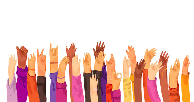 Vector flat illustration of raised up human hands, multiracial. Concept of education, business training, volunteers, voting - raised hands in croud, isolated