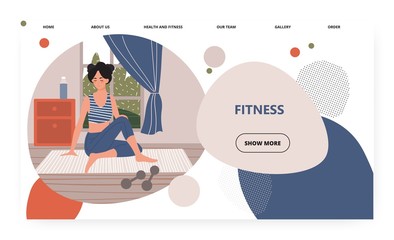 Fototapeta na wymiar Woman exercise at home. Stretching girl on yoga mat. Fitness and healthy lifestyle concept illustration. Vector web site design template. Landing page website illustration.