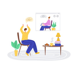 Psychological servise online, personal assistance. Upset man calling to psychologist. Costumer on therapist on devices screen on individual therapy session, helpful consultation. Isolated vector