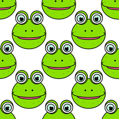 Seamless vector background of smiling frog on white background. Vector illustration of smiling frog face.