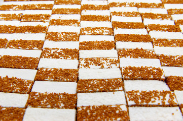 Sponge cakes sprinkled on top with small nuts and coconut.