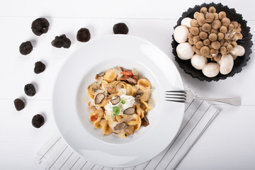 Orecchiette pasta with ceps, cherry tomatoes, ricotta gratin, fresh truffles and wild mushrooms