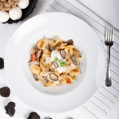 Orecchiette pasta with ceps, cherry tomatoes, ricotta gratin, fresh truffles and wild mushrooms