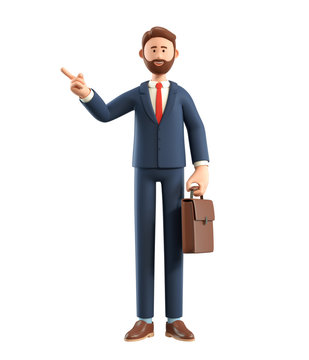Portrait of smiling bearded businessman. 3D illustration of cartoon standing man in suit with bag pointing finger away over, isolated on white background.
