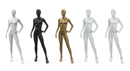Female realistic plastic, glass and metal standing mannequin for clothes. The figure of a female mannequin for a shop window of a fashion store. Front view. 3d illustration.