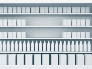 Empty shelves in the supermarket. Shelves with many goods. 3D rendering
