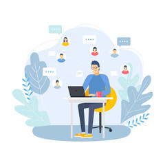 A guy with glasses sits at a laptop. People communications. Social media network connection concept. Male working with her PC.