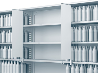 Shelves with shelf-stopper in a store or a shop. 3D rendering