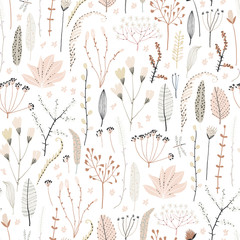 Cute seamless pattern with flowers, branch, leaves. Vintage background. Creative childish texture for fabric, wrapping, textile, wallpaper, apparel. Vector illustration.