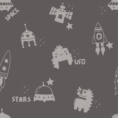 Fototapeta na wymiar Seamless cute space pattern. It is good for baby clothes, baby bedding, wallpapers, notebook covers, etc.