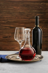 Glassware of tasty wine on table