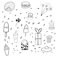 set of food icons.Hand drawn doodle food icon background.Hand drawn doodle party background.Happy mother day, birthday, Valentine s day and holidays.Vector EPS 10.