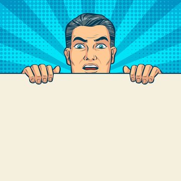 Fototapeta Surprised man looking over a white wall. Pop art vector illustration