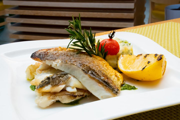 White fish fillet with puree served with lemon and rosemary in a white plate, restaurant setting
