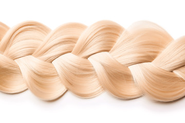 Beautiful braided blonde hair on white background