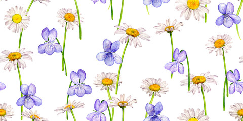 Fototapeta na wymiar seamless pattern with watercolor drawing wild flowers