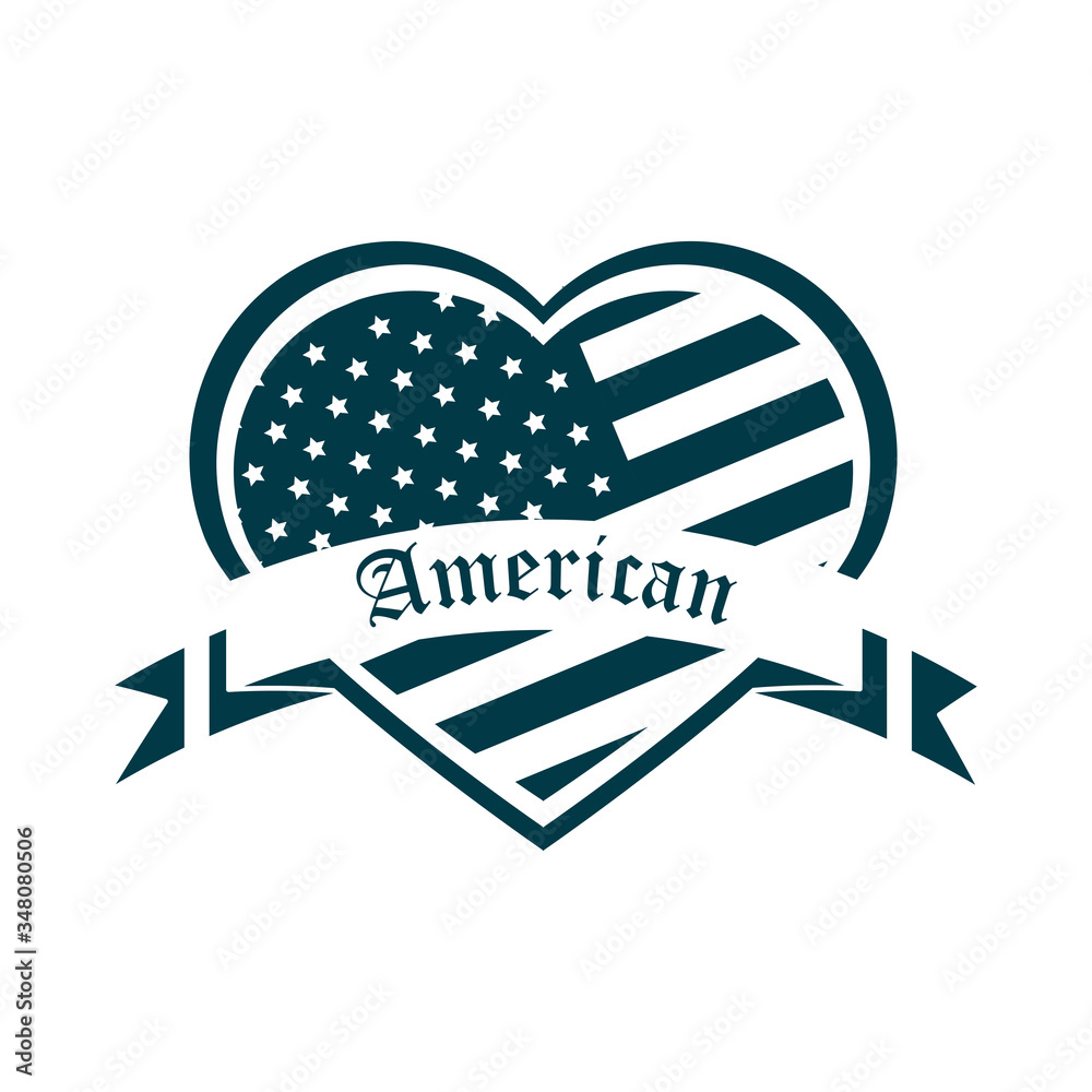 Poster happy independence day, american flag shaped heart ribbon design silhouette style icon