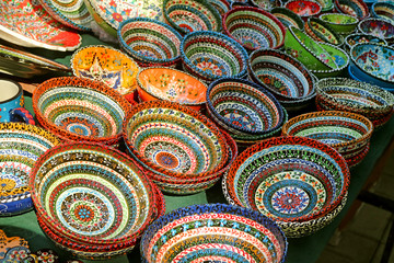Stacks of Colorful Hand-painted Bowls for Sale at Vernissage Market in Yerevan, Armenia