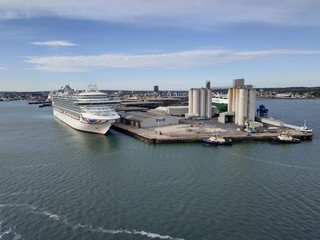 Southampton, UK - May 05, 2020: view on the cargo and cruise ship port buildings infrastructure...