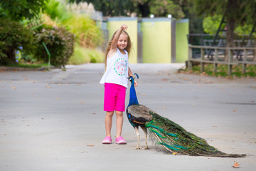 A beautiful little girl and a peacock. Beautiful bird. girl in the zoo. One on one with nature.
