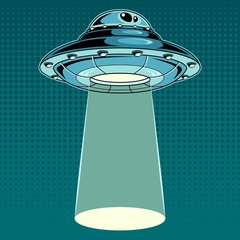 UFO with a ray of light. Vintage pop art vector illustration.