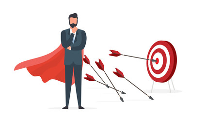 Businessman hits the target. Hit the center of the target with an arrow. The concept of motivation and achievements in business. Isolated. Vector.