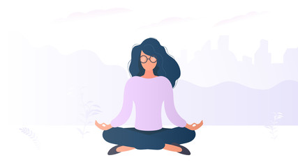 The girl is meditating. A woman with glasses was doing yoga. Relax Vector.