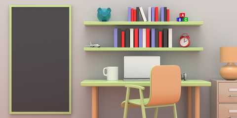 Blank blackboard in a pastel colors child room. Student desk, chair and shelves with books and toys. 3d illustration