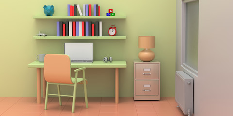 Student desk, chair and shelves with books and toys in a pastel colors child room. 3d illustration