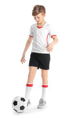 Cute little football player on white background