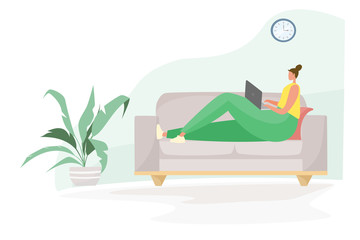 Girl works sitting at home. Remote work, freelance. Self-isolation during the coronavirus epidemic. The interior of the room. Flat vector illustration.