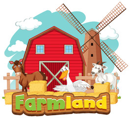 Farmland sign with many animals and red barn