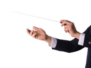 Hands of male conductor on white background