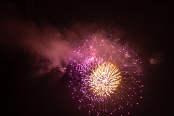 Close-up photo of a firework in the sky at night. Fireworks for the holiday. Background.