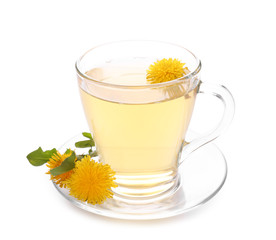 Cup of healthy dandelion tea on white background