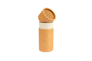 Open paper tube with paper end caps, cardboard containers for packaging isolated on white background with copyspace, mockup