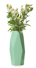 Vase with bouquet of beautiful flowers on white background