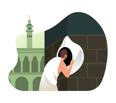 Hajj Pilgrim Kissing The Black Stone (Hajar Al-Aswad) Of Kaaba. Ritual Of Hajj Pilgrimage